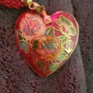 Red and Gold Floral Enamel Necklace With Red Rope